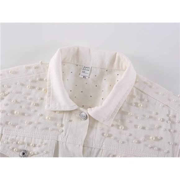Women Oversized Denim Jacket Embroidered Pearls Beading Jeans Coat C-white - Picture 2 of 6